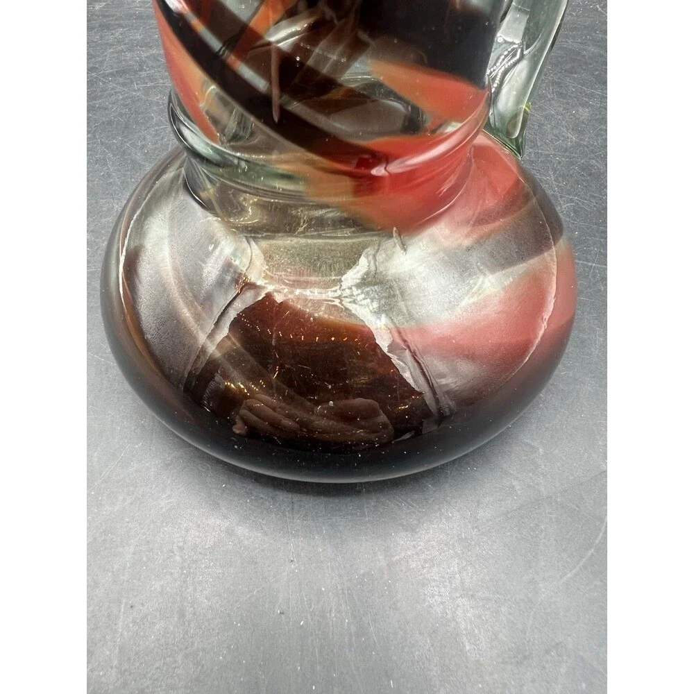 Hand Blown Art Glass Pitcher Amber Brown Swirl Applied Handle 6 1/8” Vase